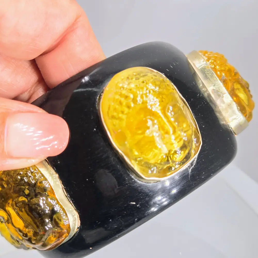 ?BArb’s Big Bodacious Bangles’ Bangle Bracelets -mixed Gems & Buddhas Resin - Black with Golden Glass Sz Lg (2.75’’)