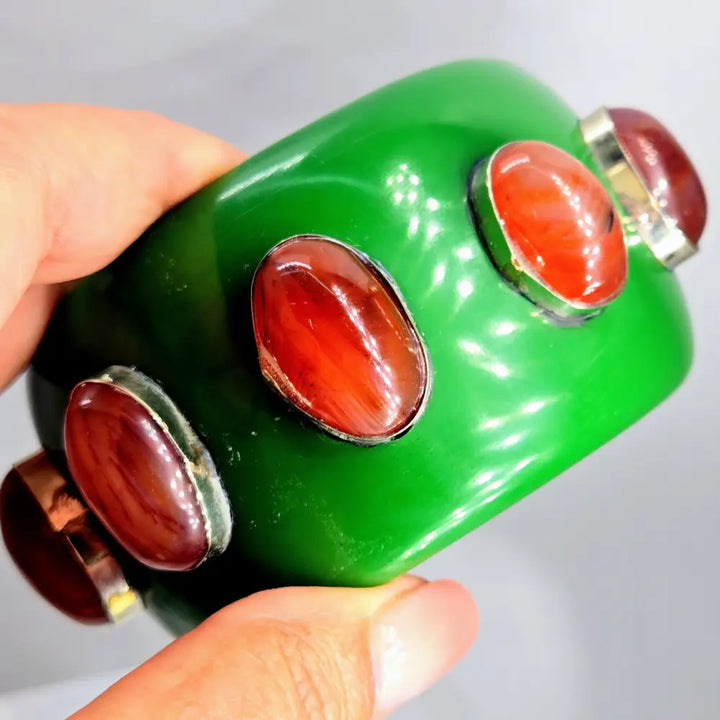 ?BArb’s Big Bodacious Bangles’ Bangle Bracelets -mixed Gems & Buddhas Resin - Green with Carnelian Sz Lg (2.75’’)