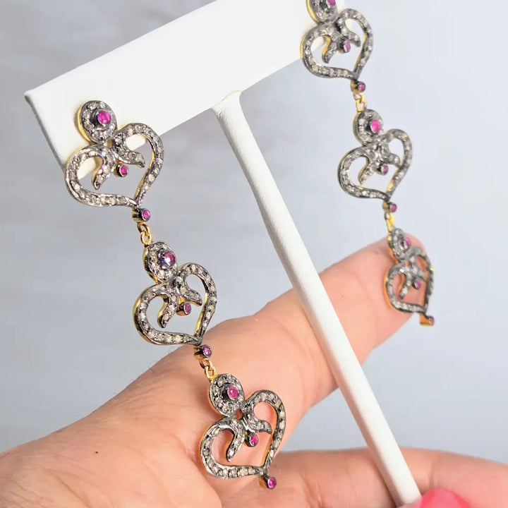 Outlet ?Be Still my Heart(s)!’ 2.5’’ Earrings - Diamonds Rubies Sterling 18k Gold