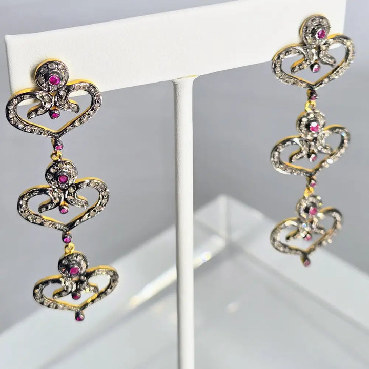 Outlet ?Be Still my Heart(s)!’ 2.5’’ Earrings - Diamonds Rubies Sterling 18k Gold