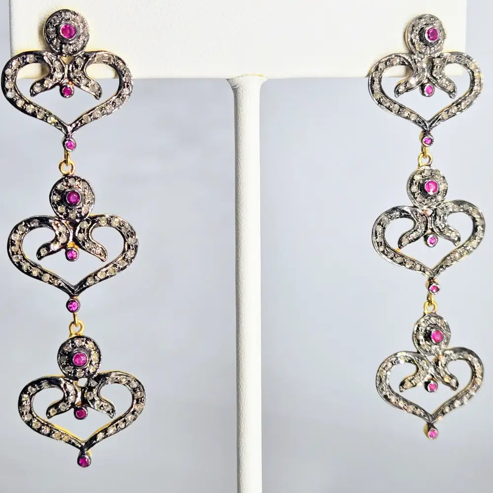Outlet ?Be Still my Heart(s)!’ 2.5’’ Earrings - Diamonds Rubies Sterling 18k Gold