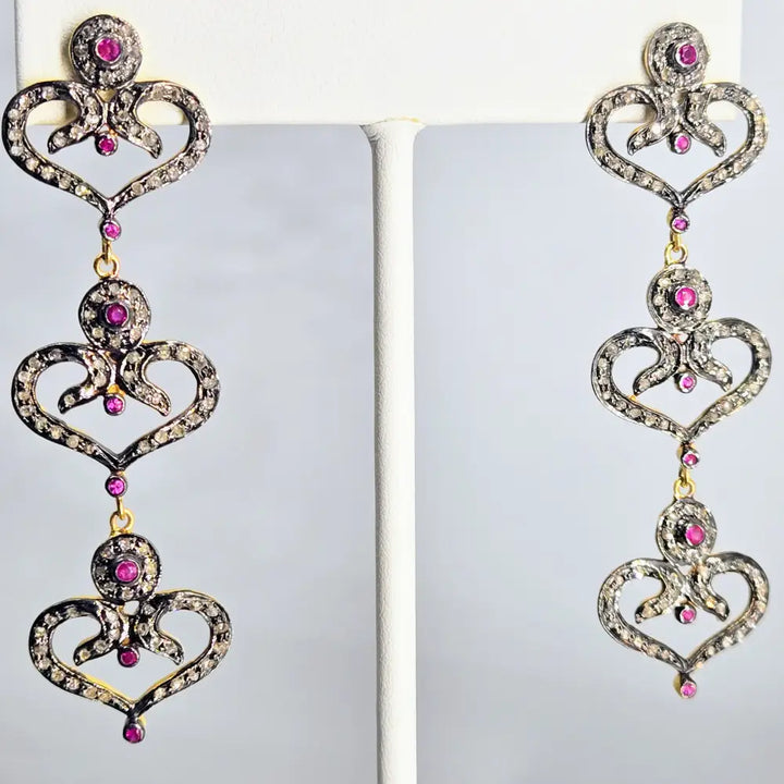 Outlet ?Be Still my Heart(s)!’ 2.5’’ Earrings - Diamonds Rubies Sterling 18k Gold