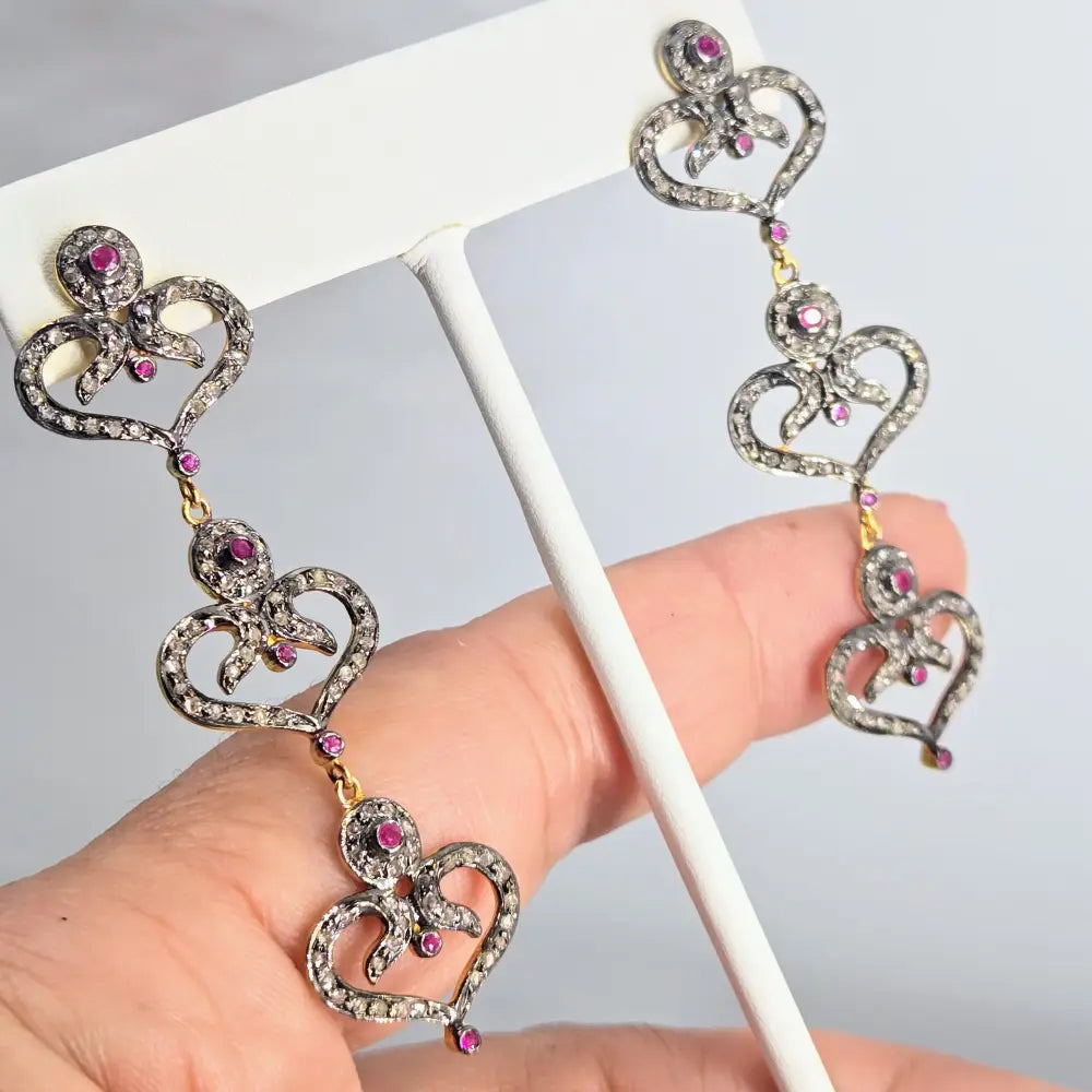 Outlet ?Be Still my Heart(s)!’ 2.5’’ Earrings - Diamonds Rubies Sterling 18k Gold