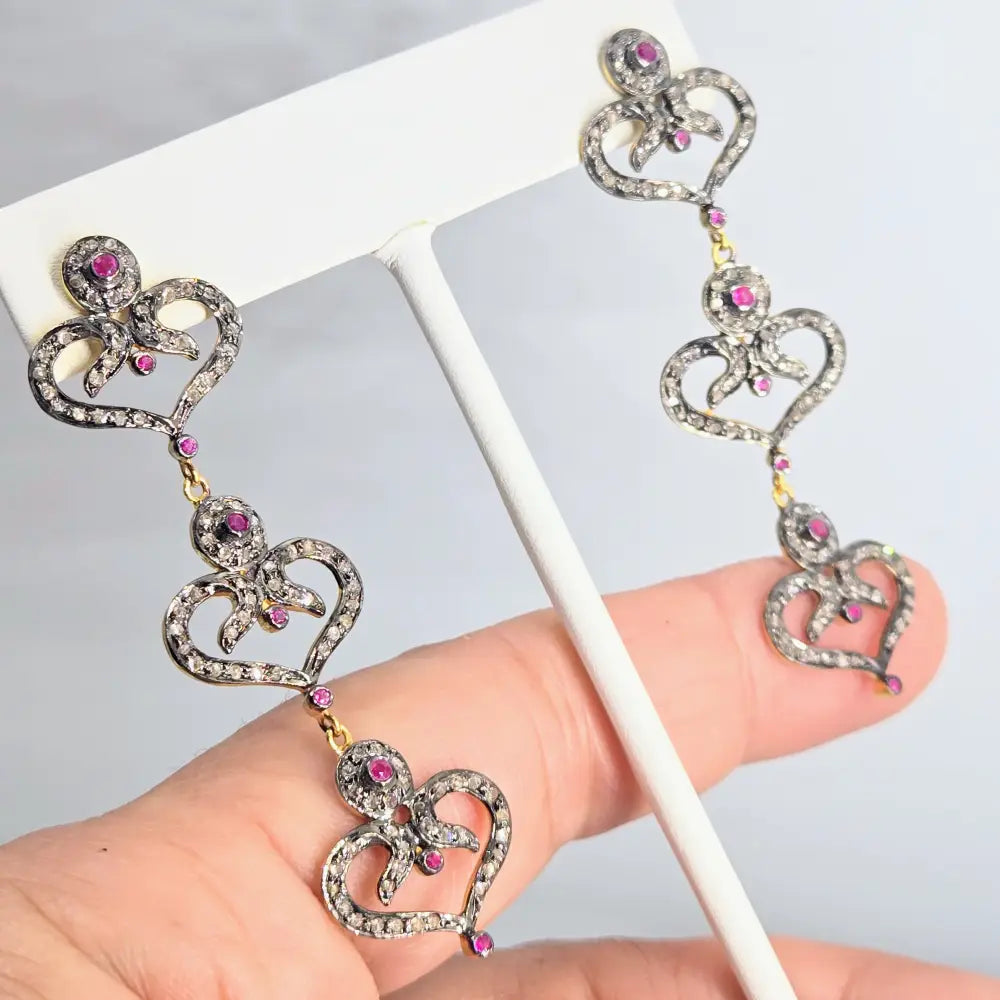 Outlet ?Be Still my Heart(s)!’ 2.5’’ Earrings - Diamonds Rubies Sterling 18k Gold