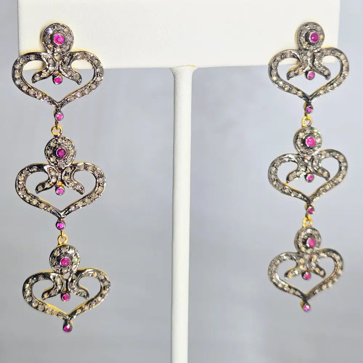 Outlet ?Be Still my Heart(s)!’ 2.5’’ Earrings - Diamonds Rubies Sterling 18k Gold