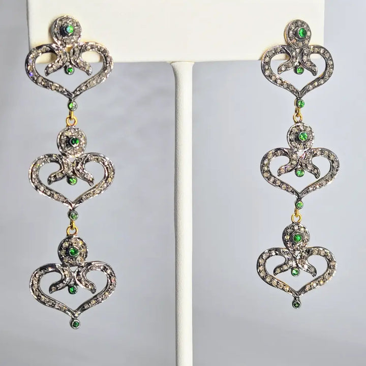 ?BE Still my Heart(s)!’ 2.5’’ Earrings - Green Tsavorite Garnet Diamonds Sterling 18k Gold