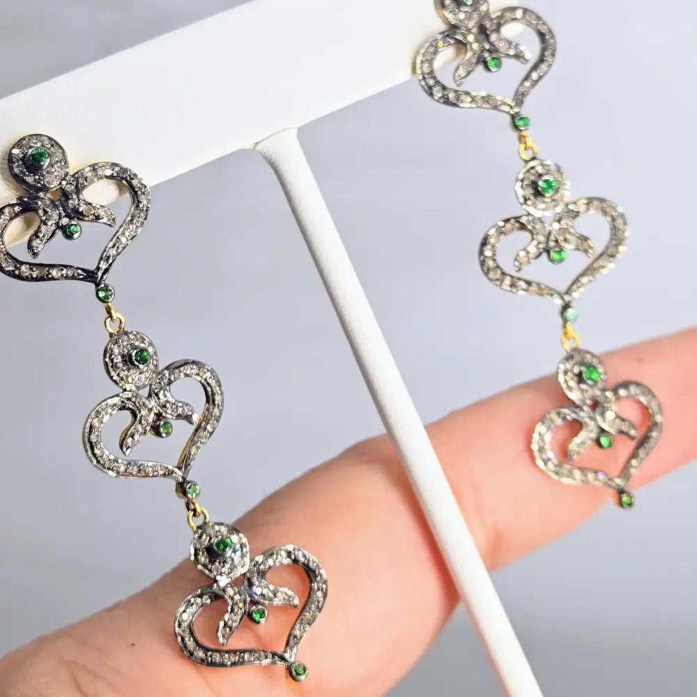 ?BE Still my Heart(s)!’ 2.5’’ Earrings - Green Tsavorite Garnet Diamonds Sterling 18k Gold