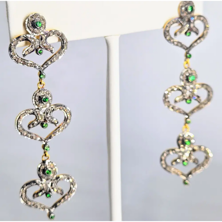?BE Still my Heart(s)!’ 2.5’’ Earrings - Green Tsavorite Garnet Diamonds Sterling 18k Gold