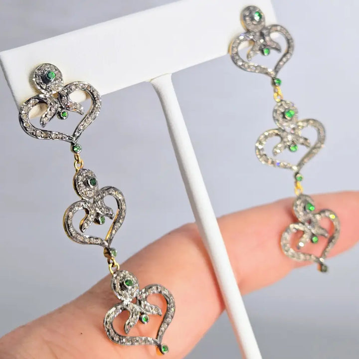 ?BE Still my Heart(s)!’ 2.5’’ Earrings - Green Tsavorite Garnet Diamonds Sterling 18k Gold