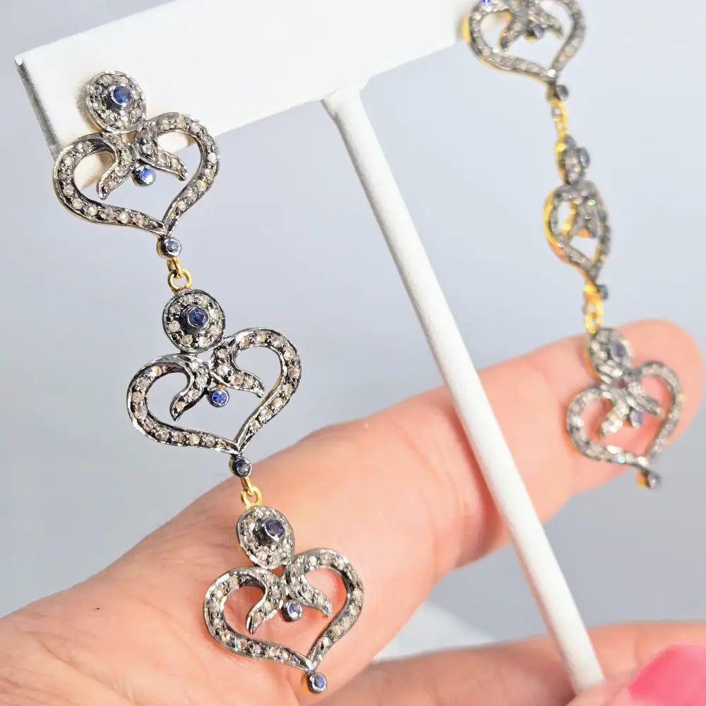 ?BE Still my Heart(s)!’ 2.5’’ Earrings - Sapphire Diamonds Sterling 18k Gold
