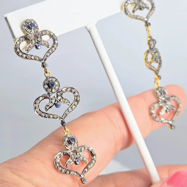 ?BE Still my Heart(s)!’ 2.5’’ Earrings - Sapphire Diamonds Sterling 18k Gold