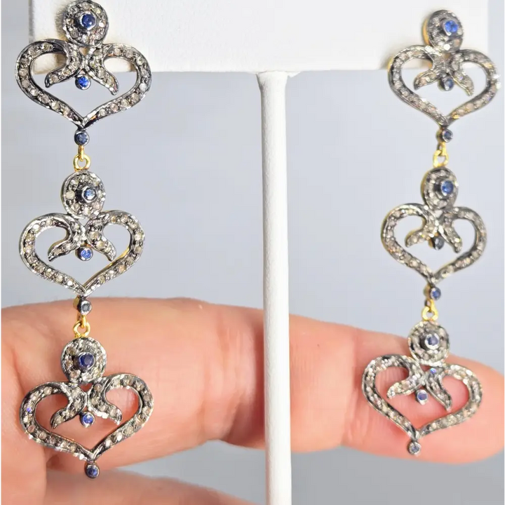 ?BE Still my Heart(s)!’ 2.5’’ Earrings - Sapphire Diamonds Sterling 18k Gold