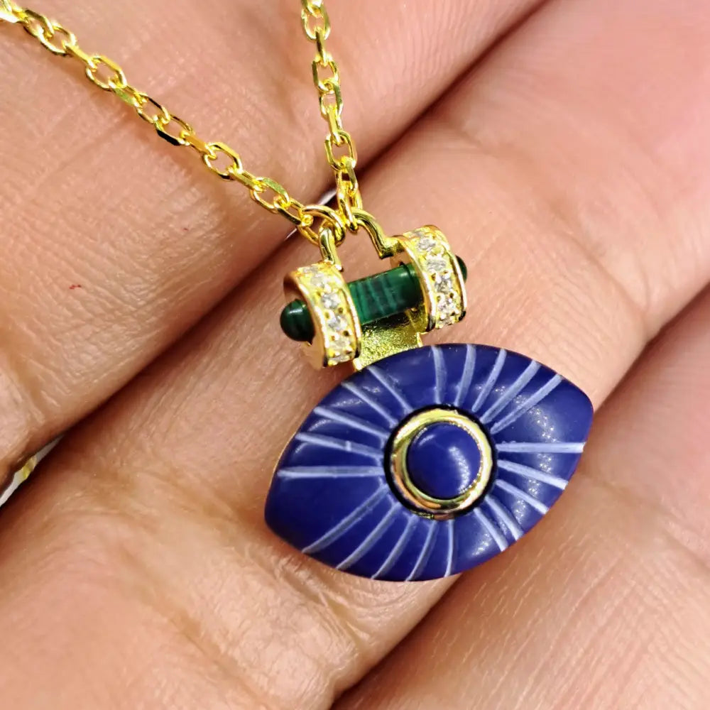 ?BEholder in Blue’ 15’’-17’’ Necklace - Malachite Lapis Zircon Stone 18k Gold Sterling
