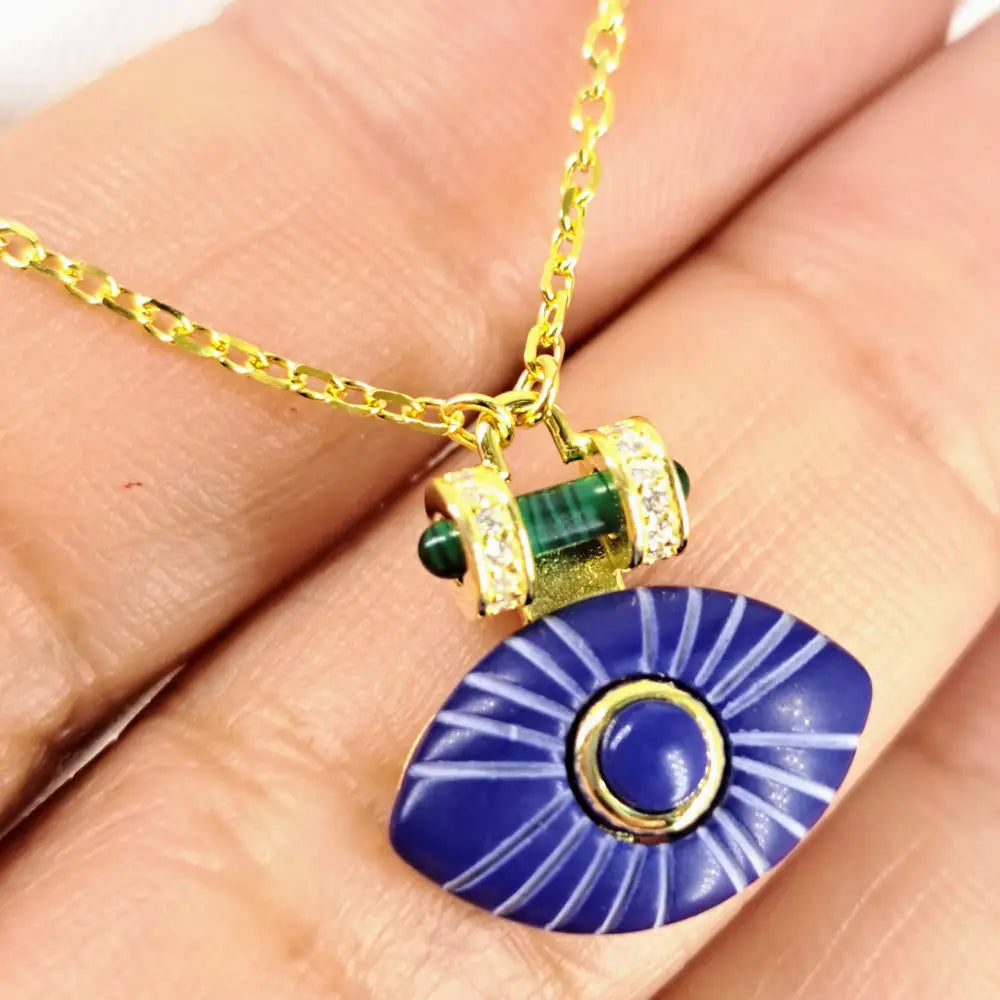 ?BEholder in Blue’ 15’’-17’’ Necklace - Malachite Lapis Zircon Stone 18k Gold Sterling