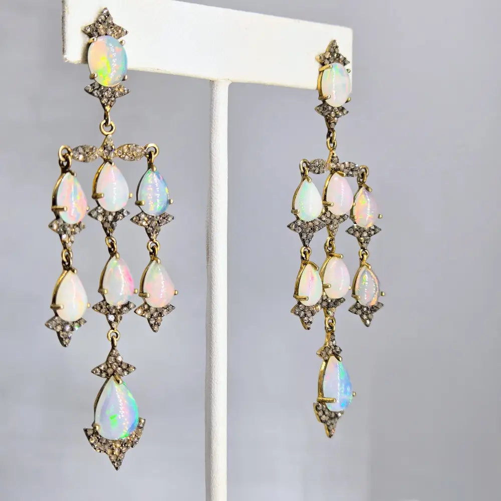 ?BElle époque’ 3.25’’ Earrings - Opals Diamonds 18k Gold Sterling