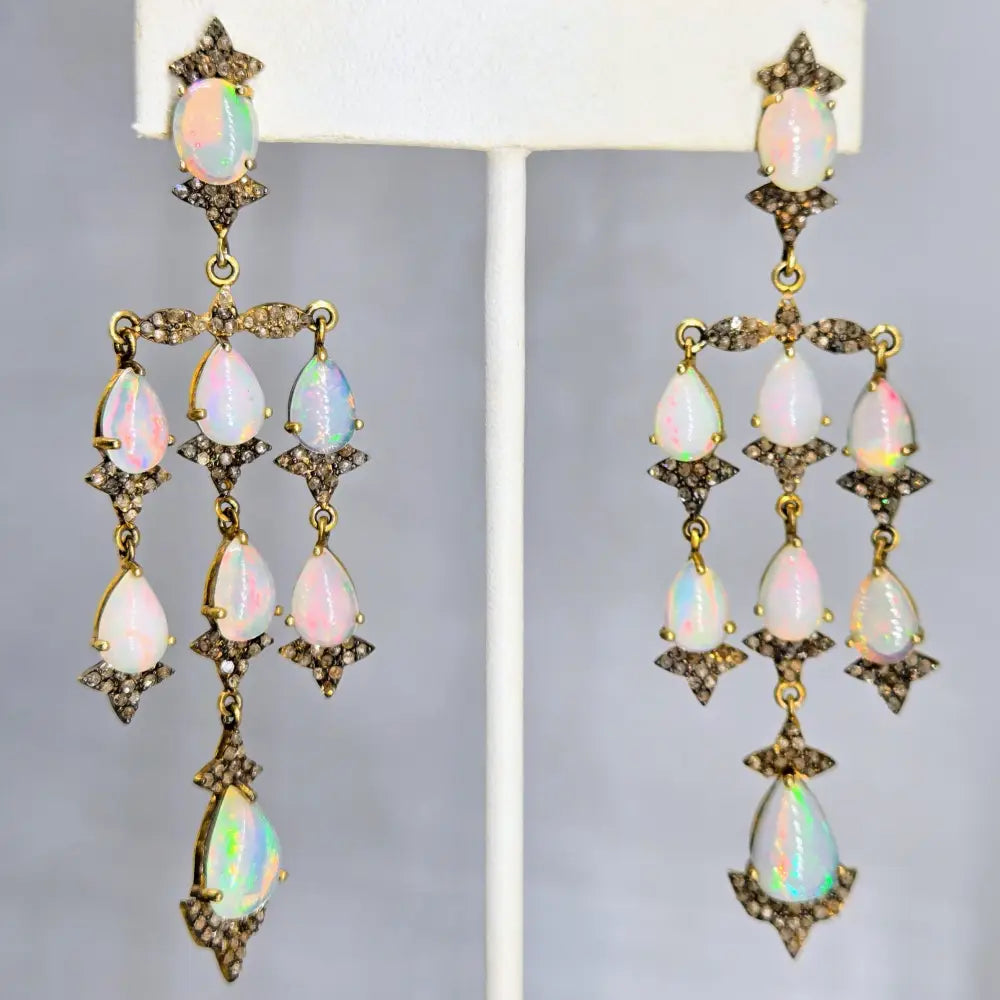 ?BElle époque’ 3.25’’ Earrings - Opals Diamonds 18k Gold Sterling