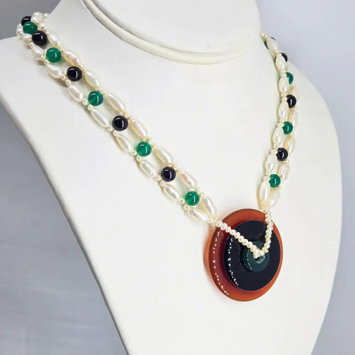 ?BEnjamin Button’s Babe’ 18’’ Necklace - Pearls Onyx Carnelian