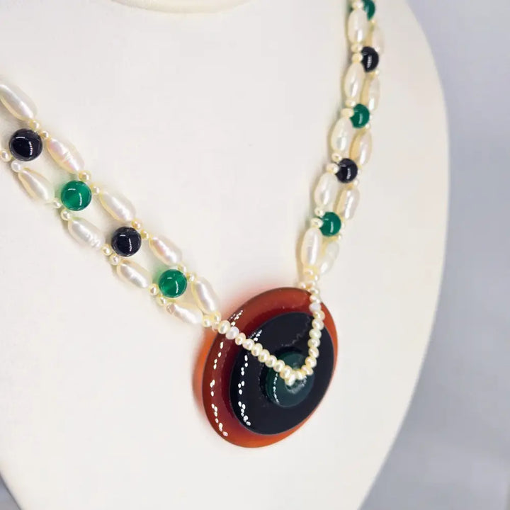 ?BEnjamin Button’s Babe’ 18’’ Necklace - Pearls Onyx Carnelian