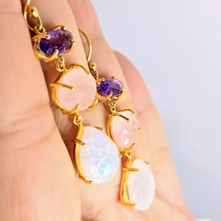 ?BErries & Cream’ Earrings - 2’’ Dangle Amethyst Rose Quartz Moonstone