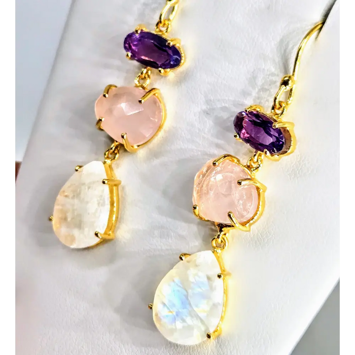 Berries & Cream Earrings - 2’’ Dangle Amethyst Rose Quartz Moonstone