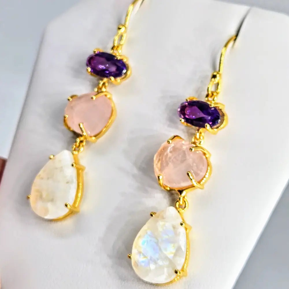 ?BErries & Cream’ Earrings - 2’’ Dangle Amethyst Rose Quartz Moonstone
