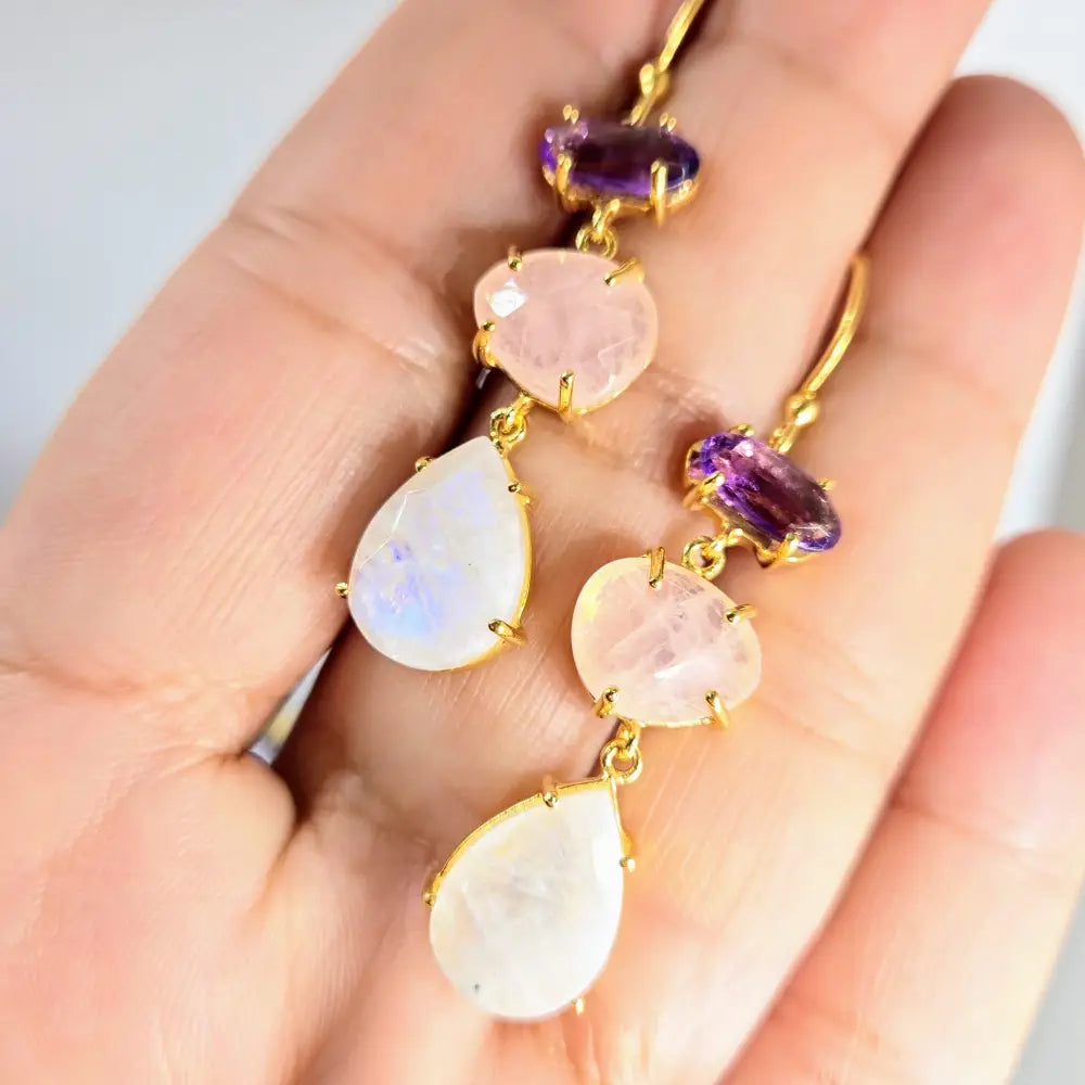 ?BErries & Cream’ Earrings - 2’’ Dangle Amethyst Rose Quartz Moonstone