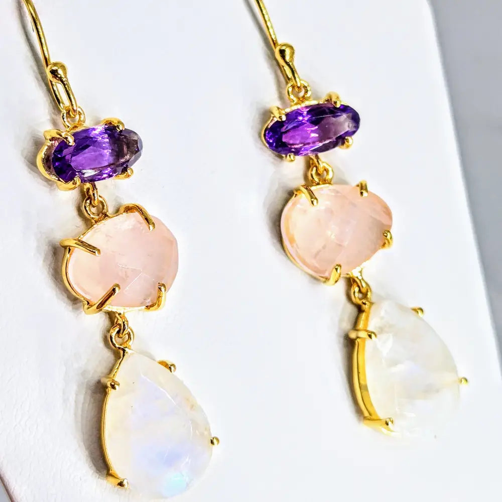 Berries & Cream Earrings - 2’’ Dangle Amethyst Rose Quartz Moonstone