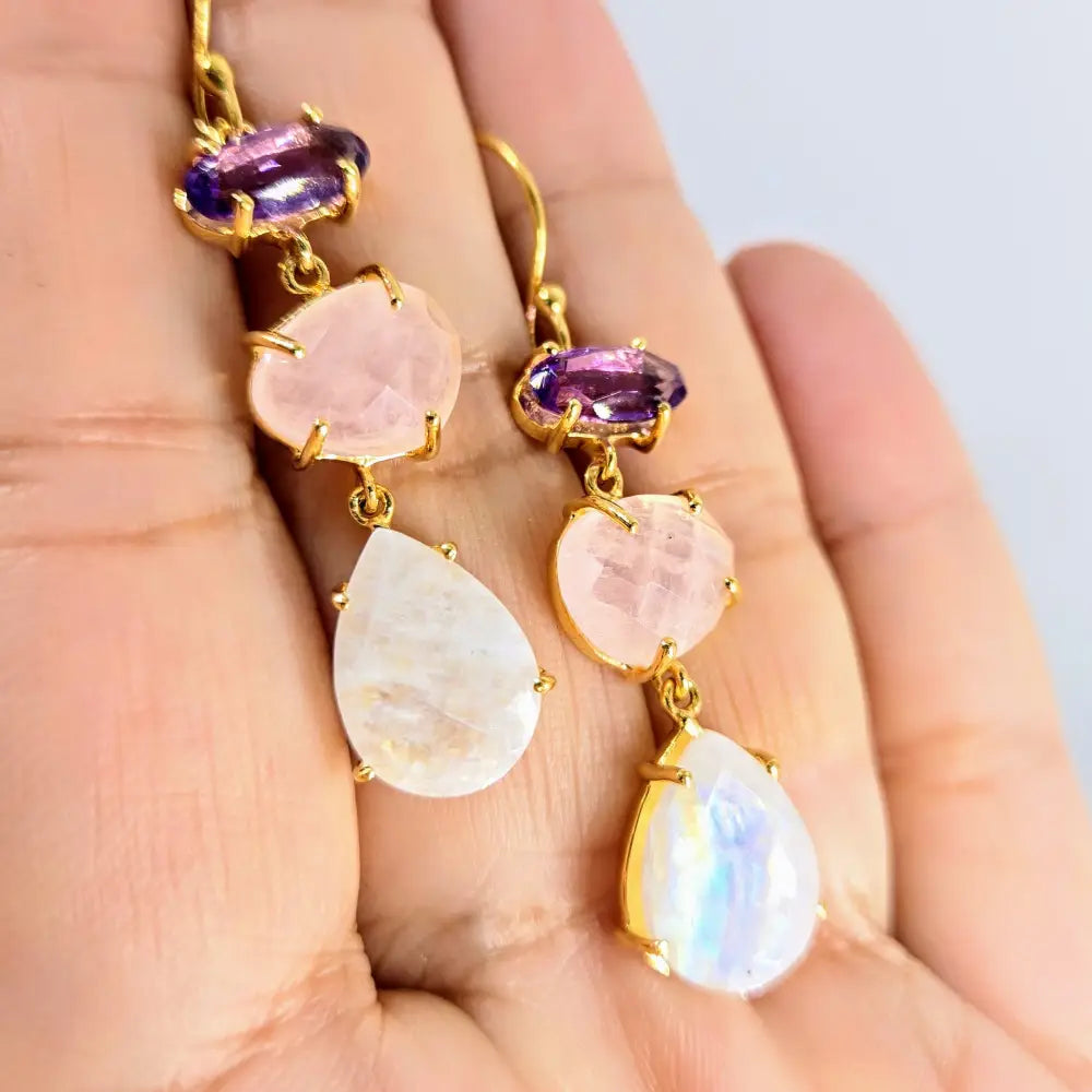 ?BErries & Cream’ Earrings - 2’’ Dangle Amethyst Rose Quartz Moonstone