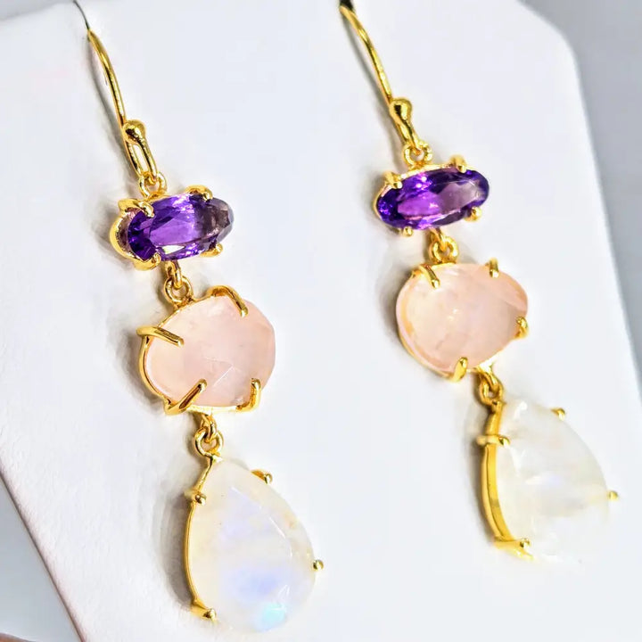 Berries & Cream Earrings - 2’’ Dangle Amethyst Rose Quartz Moonstone