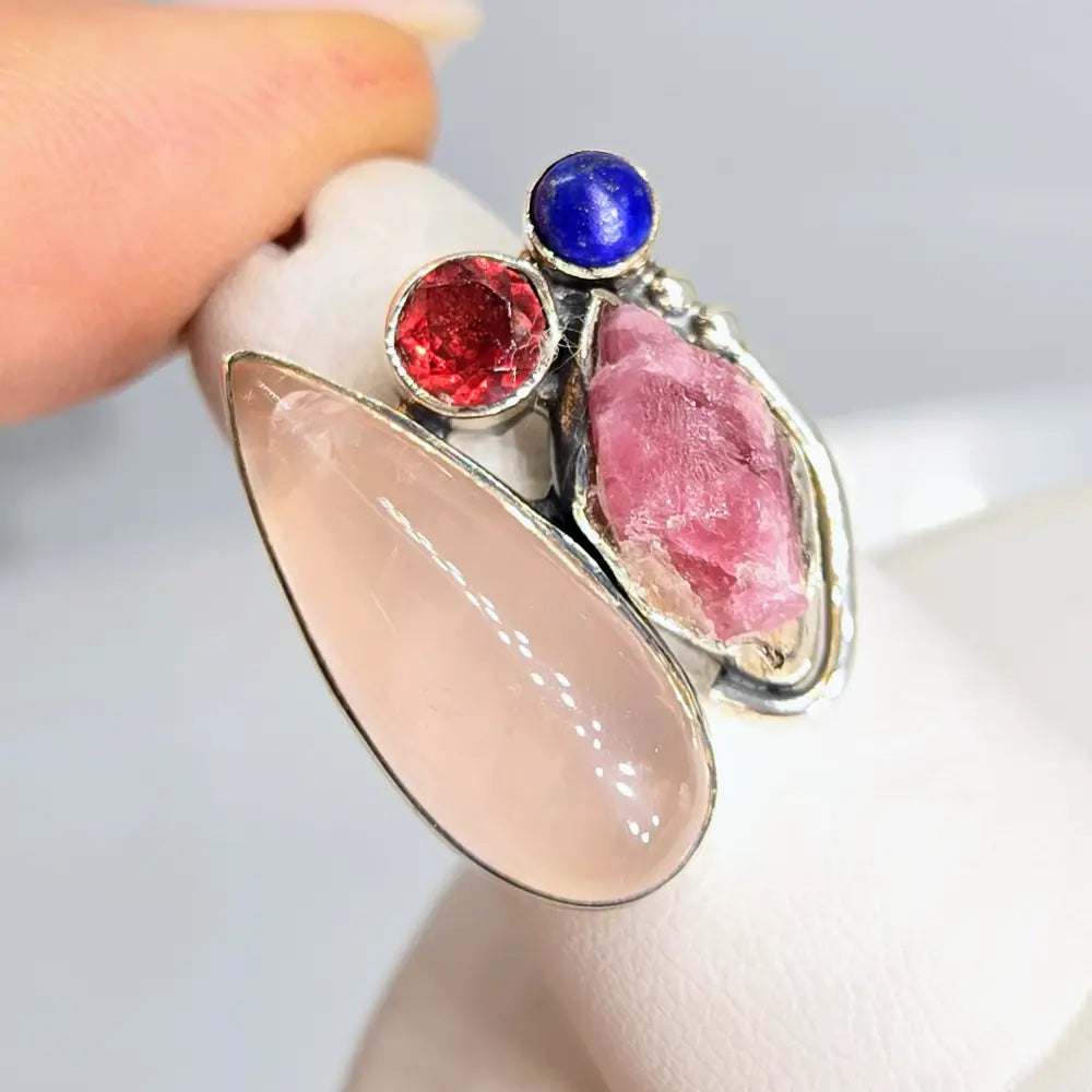 ?BErry Soda’ Sz 7 Ring -rose Quartz Garnet Ruby Lapis Sterling