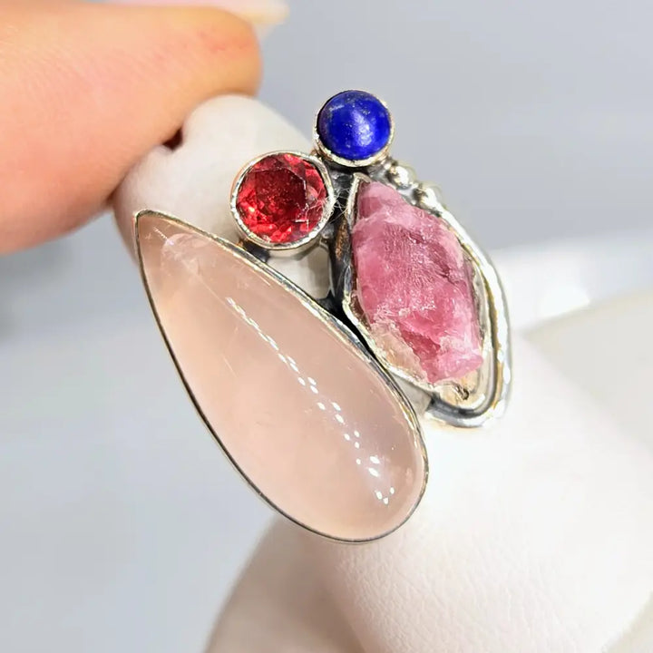 ?BErry Soda’ Sz 7 Ring -rose Quartz Garnet Ruby Lapis Sterling