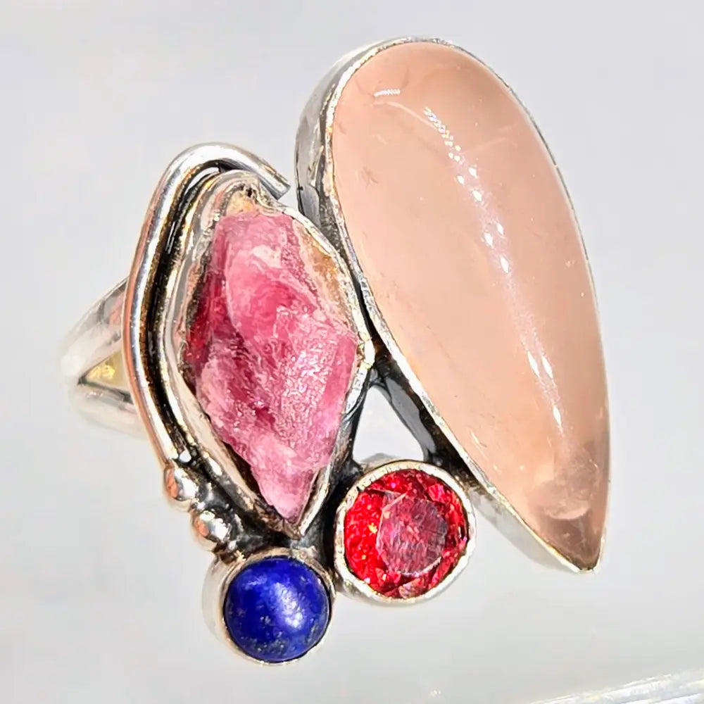 ?BErry Soda’ Sz 7 Ring -rose Quartz Garnet Ruby Lapis Sterling