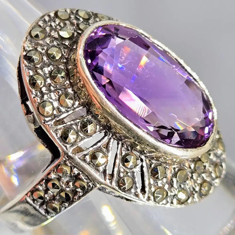 ?BEulah Peel me a Grape!’ Sz 7.25 Ring - Amethyst Marcasite Sterling