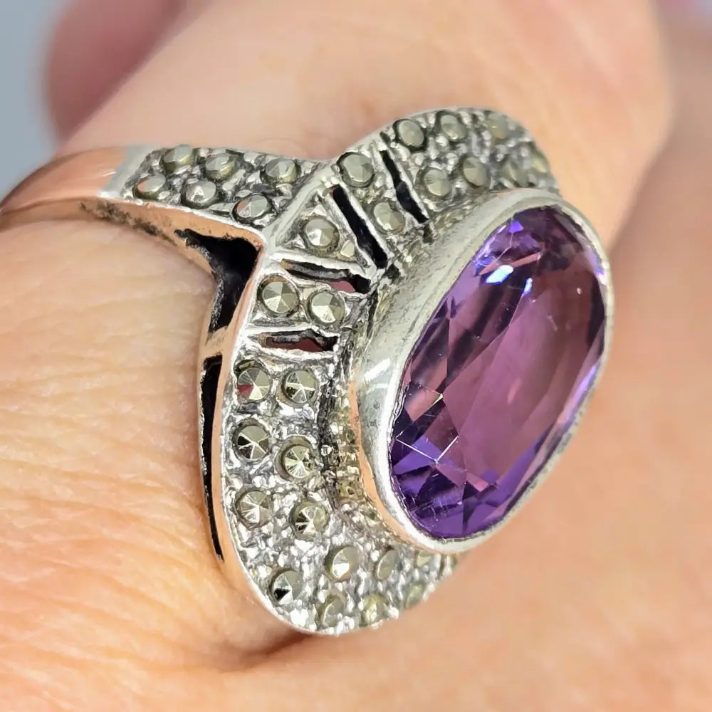 ?BEulah Peel me a Grape!’ Sz 7.25 Ring - Amethyst Marcasite Sterling