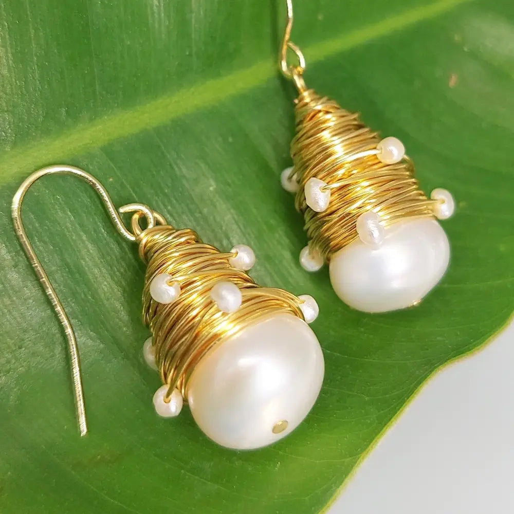 ?BIrd’s Nest’ 1.5’’ Earrings - White Pearl Gold-filled Wire-wrapped Gold Sterling French Hook