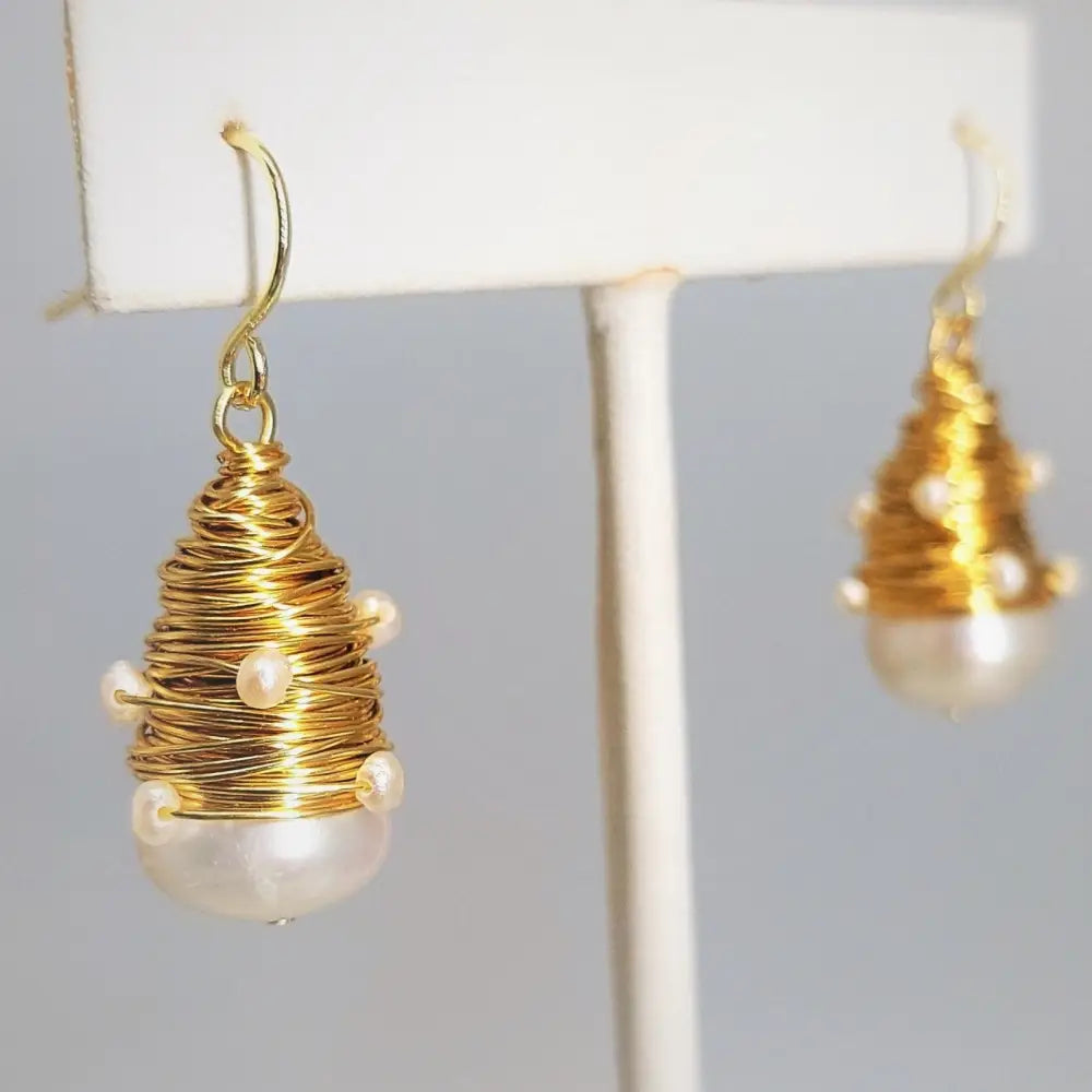 ?BIrd’s Nest’ 1.5’’ Earrings - White Pearl Gold-filled Wire-wrapped Gold Sterling French Hook