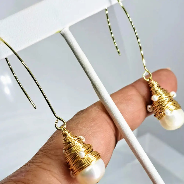 ?BIrd’s Nest 2.5’’ Earrings - Pearls Elongated French Hook - 2’’