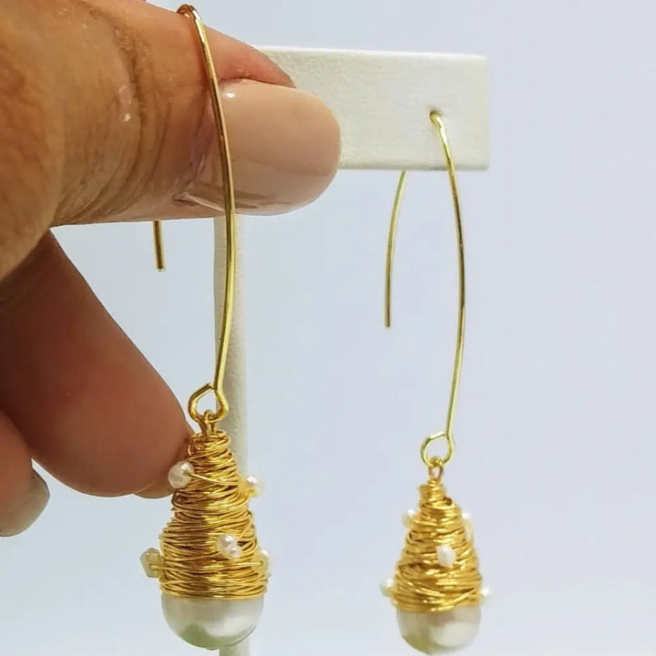 ?BIrd’s Nest 2.5’’ Earrings - Pearls Elongated French Hook - 2’’