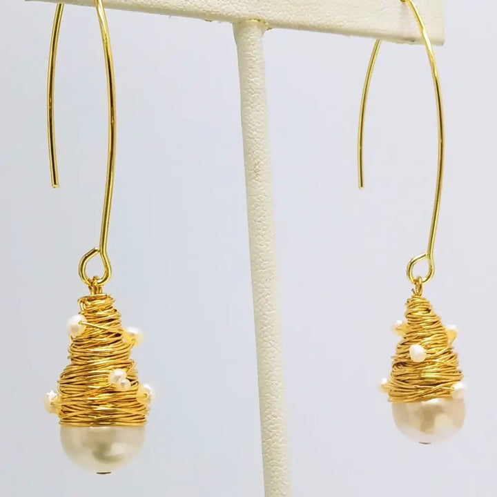 ?BIrd’s Nest 2.5’’ Earrings - Pearls Elongated French Hook - 2’’