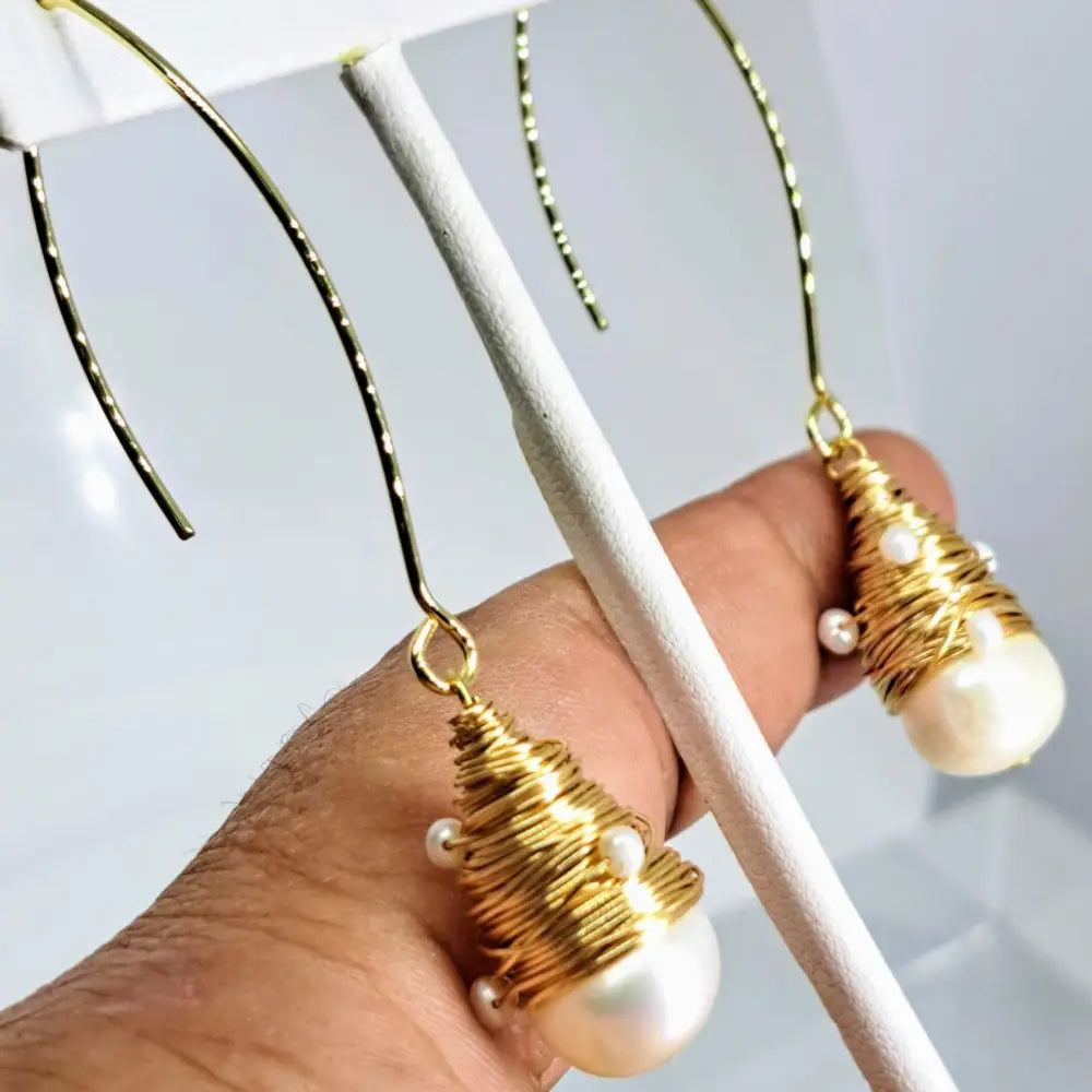 ?BIrd’s Nest 2.5’’ Earrings - Pearls Elongated French Hook - 2’’