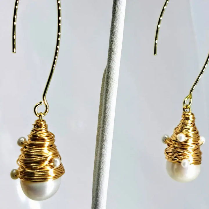 ?BIrd’s Nest 2.5’’ Earrings - Pearls Elongated French Hook - 2’’