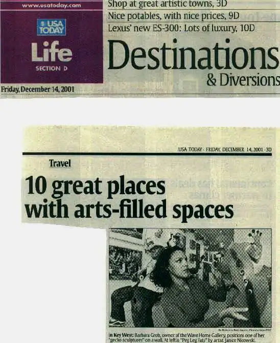 Black-and-white photograph of a woman in profile, wearing dark clothing and standing before an art gallery wall filled with sculptures.