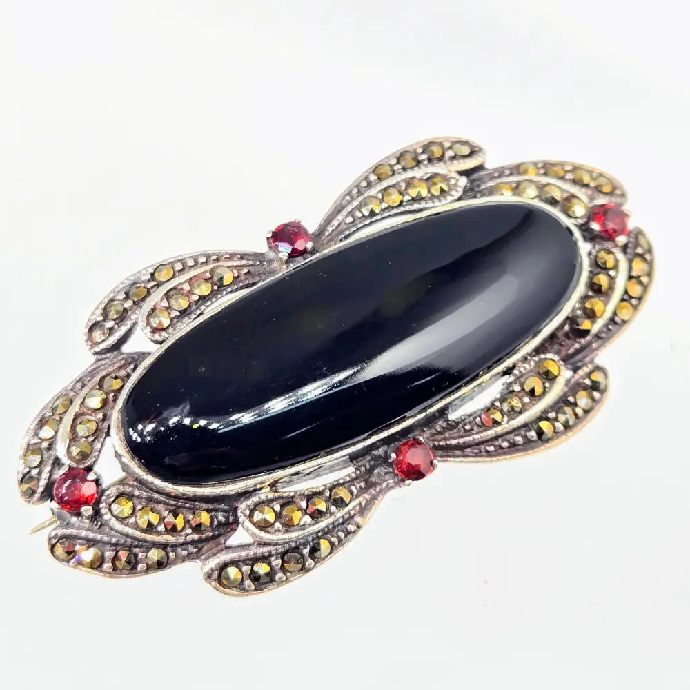 ?BLack Beauty’ 1’’ x 2.25’’ Brooch/pearl Enhancer - Onyx Garnet Marcasite Sterling - Brooch