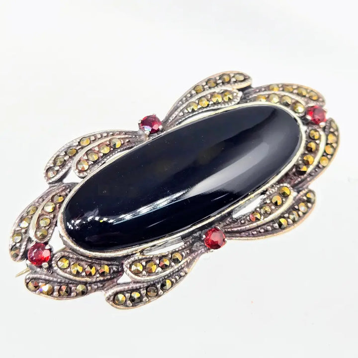 ?BLack Beauty’ 1’’ x 2.25’’ Brooch/pearl Enhancer - Onyx Garnet Marcasite Sterling - Brooch
