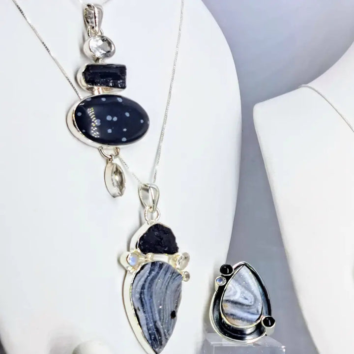 ?BLack Beauty’ 2.5’’ Pendant 20’’ Necklace - Topaz Tourmaline Obsidian Quartz Sterling