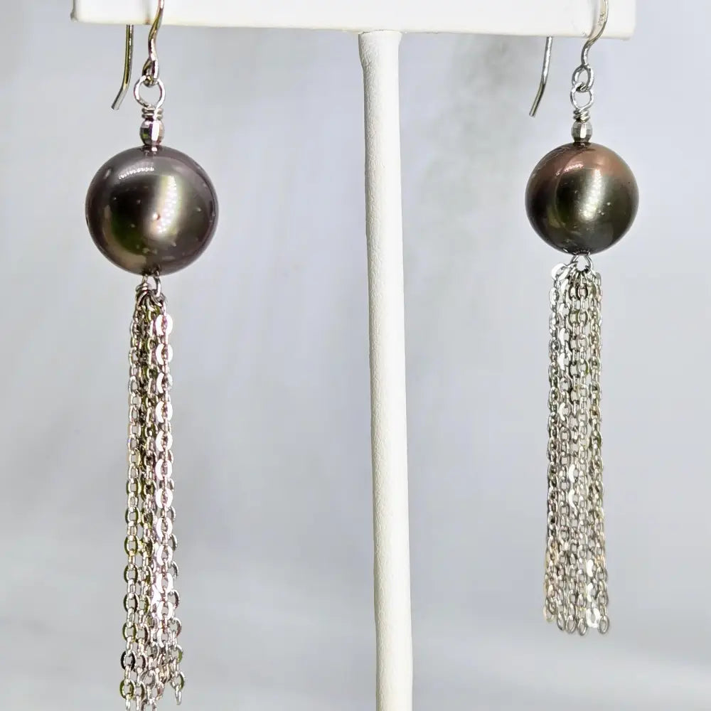 ?BLack Pearl Dancers’ 2.75’’ Earrings - Tahitian Pearls Anti-tarnish Sterling - Smoke