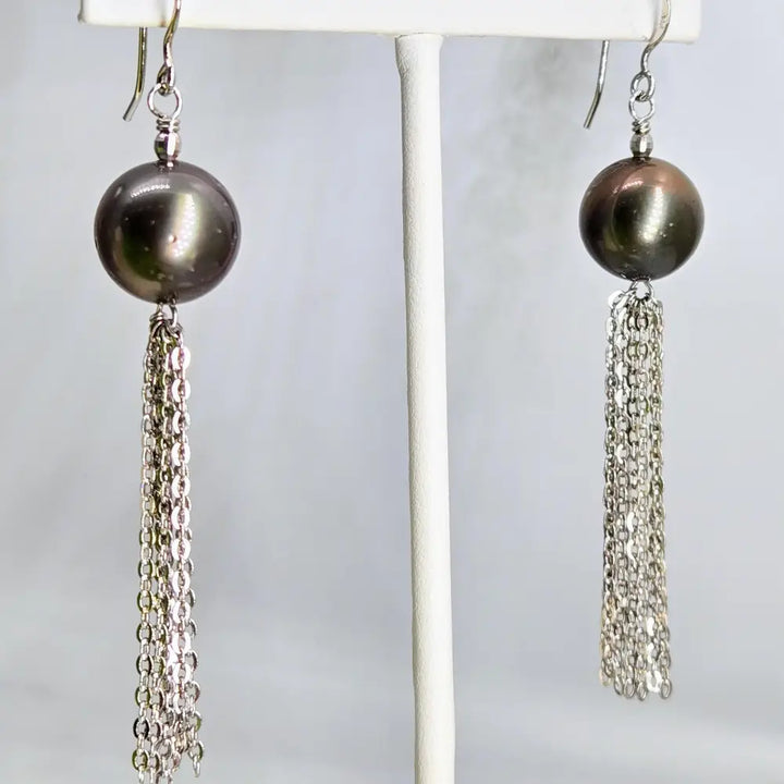 ?BLack Pearl Dancers’ 2.75’’ Earrings - Tahitian Pearls Anti-tarnish Sterling - Smoke