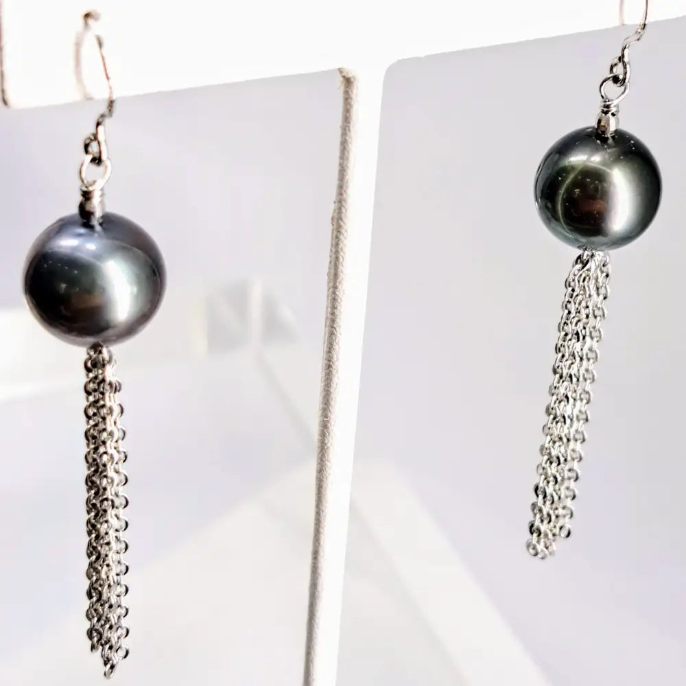 ?BLack Pearl Dancers’ 2.75’’ Earrings - Tahitian Pearls Anti-tarnish Sterling - Black