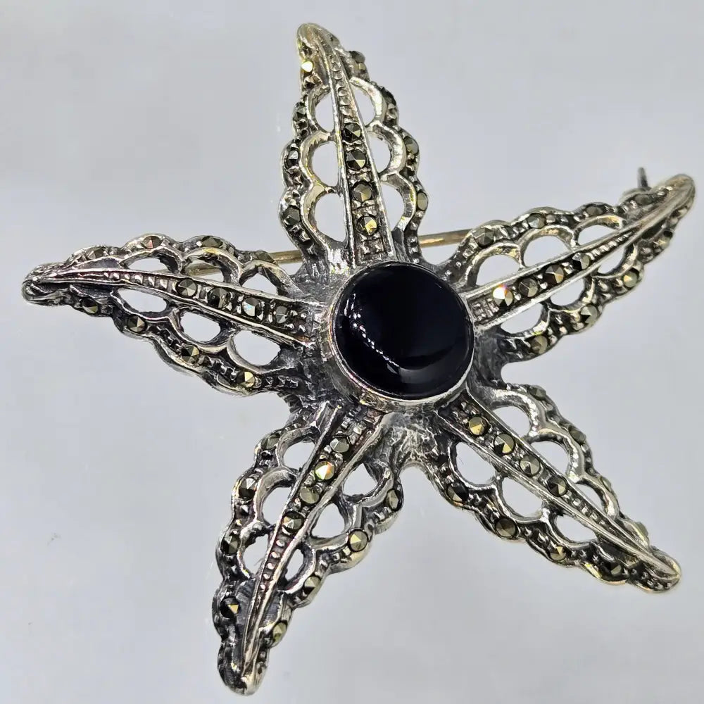 ?BLack Star’ 2’’ Brooch/pearl Enhancer - Onyx Marcasite Sterling - Brooch