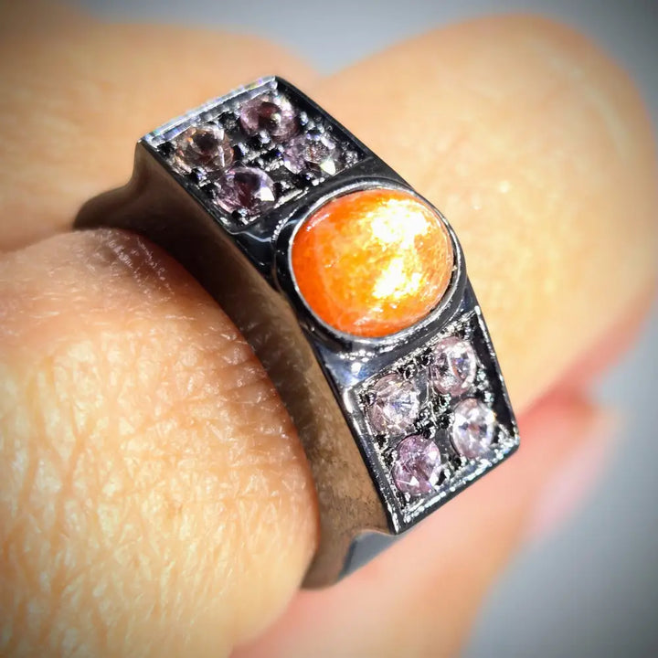 ?BLack Sun’ Sz 11 Ring - Sunstone Pink Zircon Black Sterling - Ring